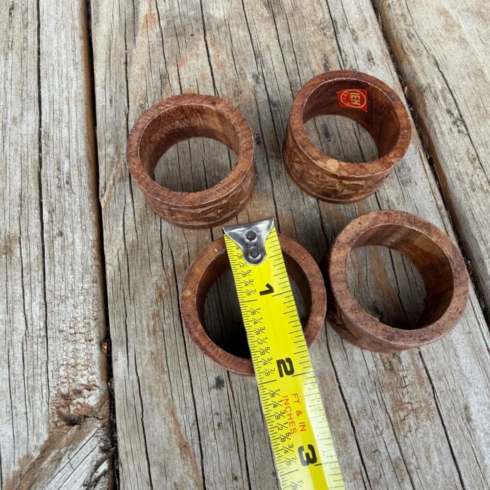 Vtg IEH Hand Carved Wood Napkin Rings Set of 4 Brown Floral Boho Dining